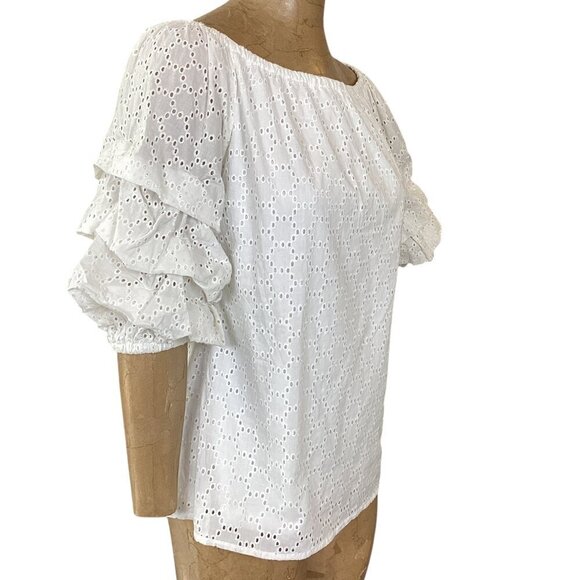 Cece White Eyelet Ruched Sleeve BOHO Top Sz M #317F - Picture 3 of 7
